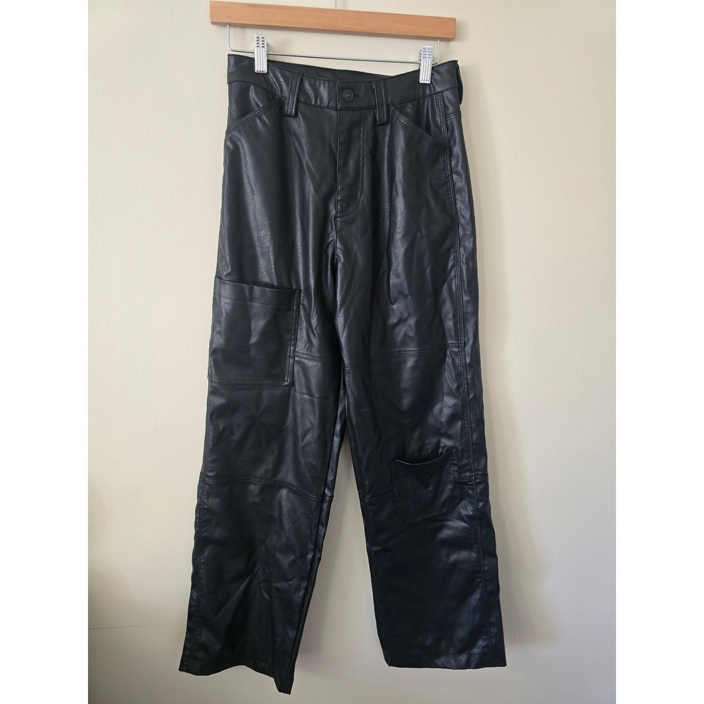 H&M Faux Leather Cargo Pants Black Wide Leg Size 34